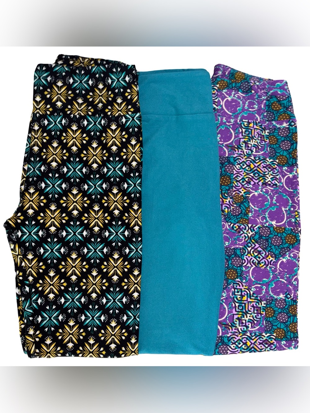 Lot of 3 LuLaRoe Leggings Size OS Teal Solid Black Purple Yellow